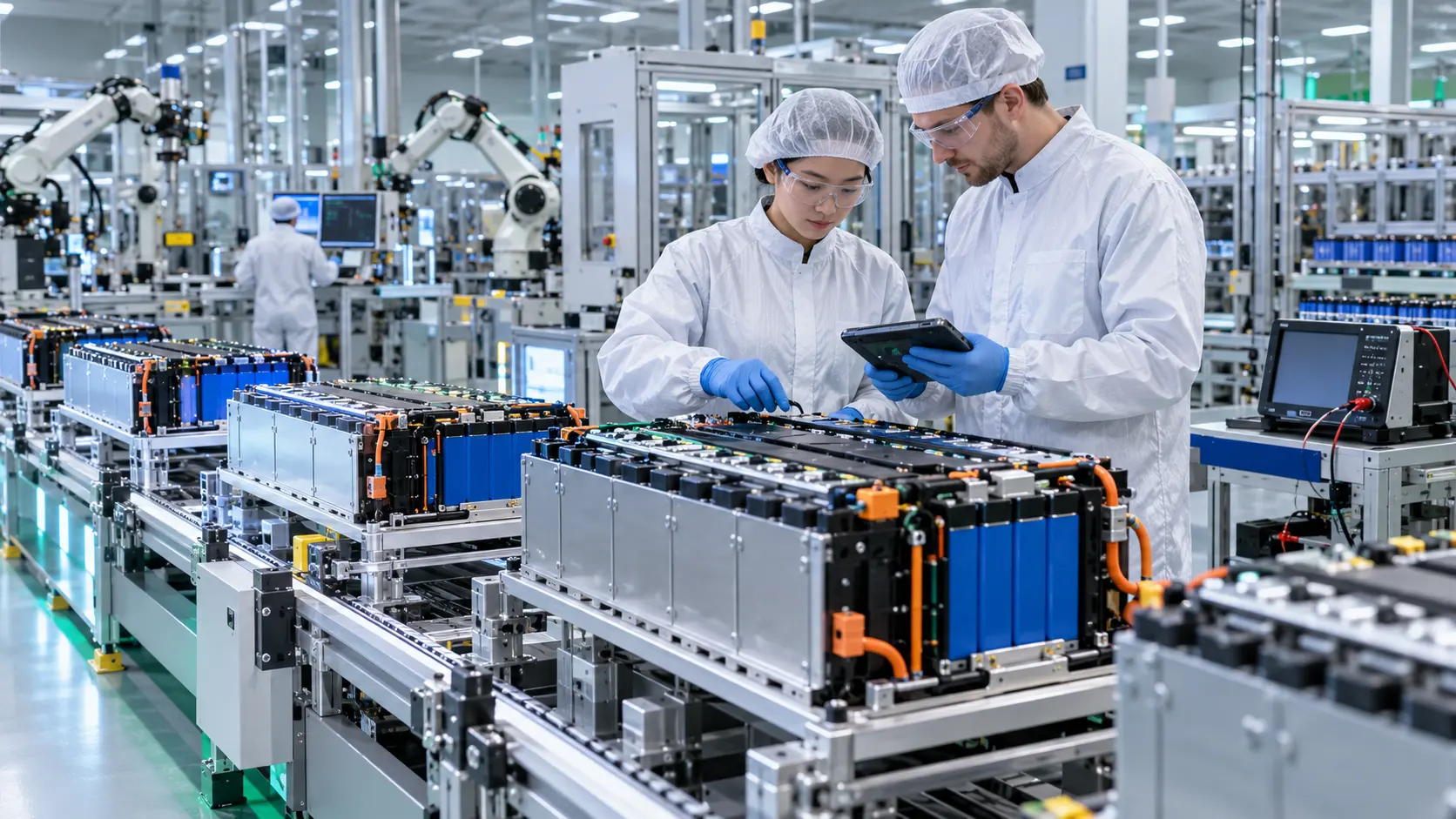 Fabricación y control de calidad de baterías de litio en una planta automatizada.