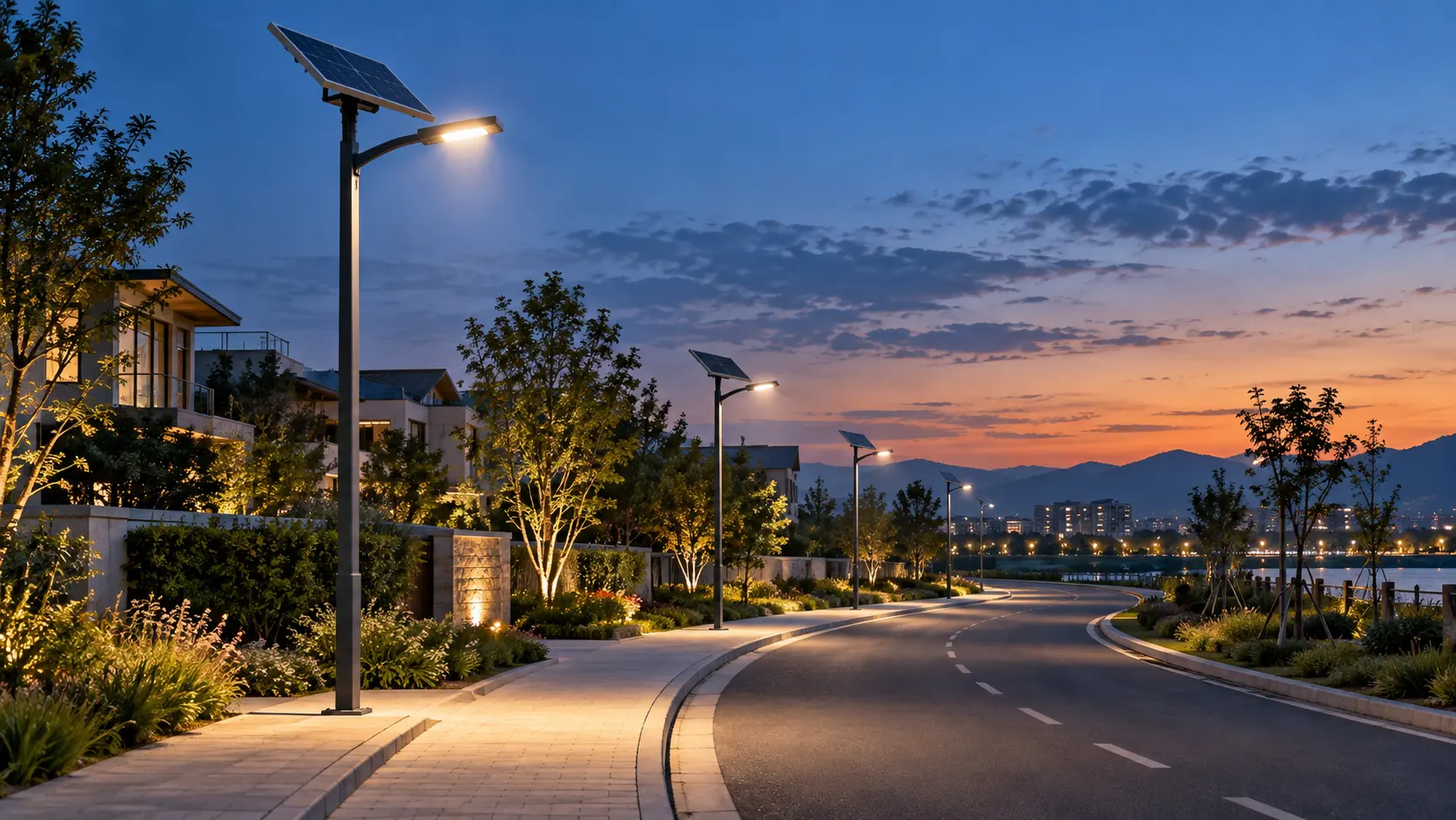 Farolas solares LED iluminando una carretera residencial al atardecer.