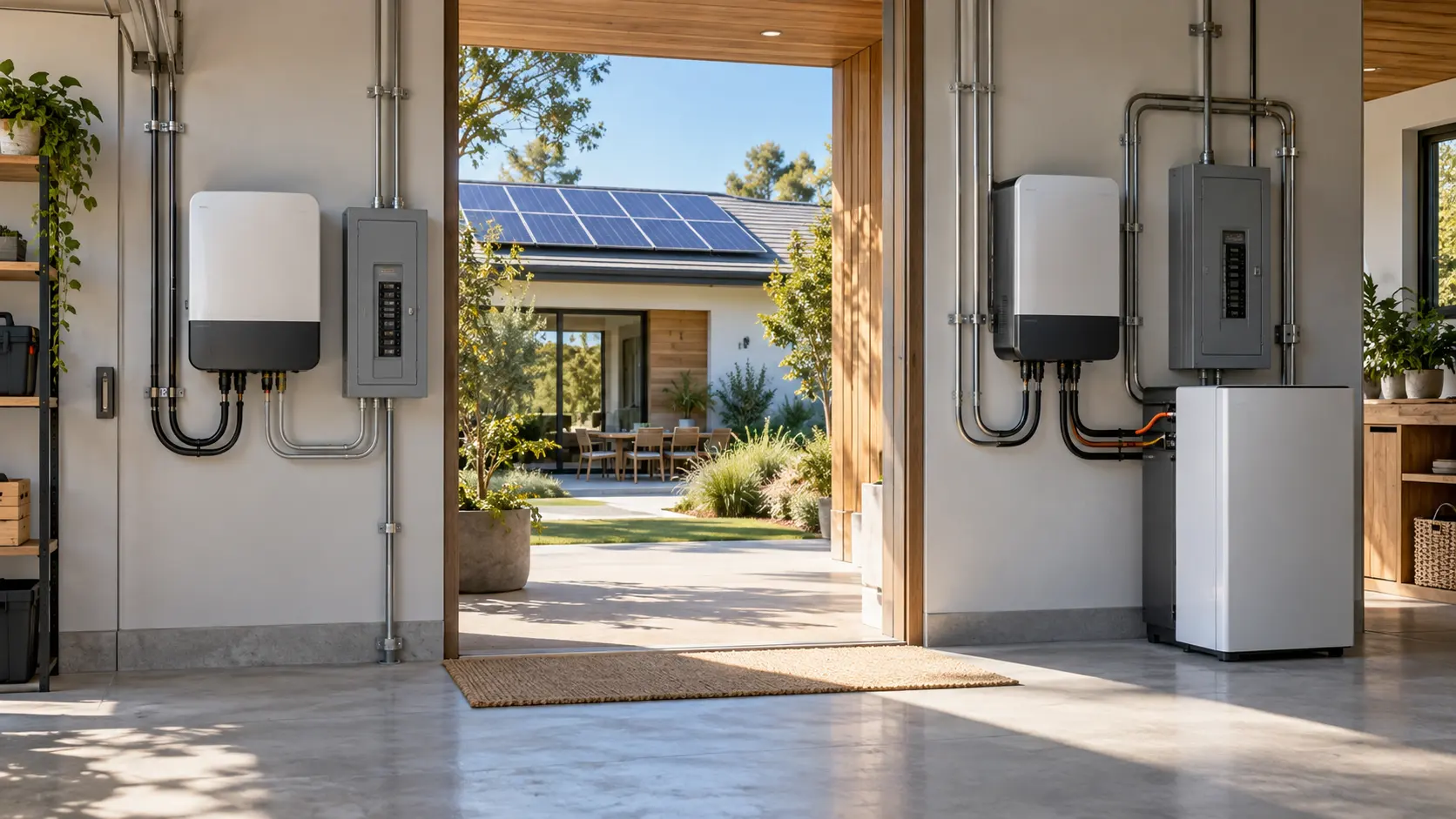 Comparación entre un inversor solar convencional y un inversor híbrido con batería doméstica.