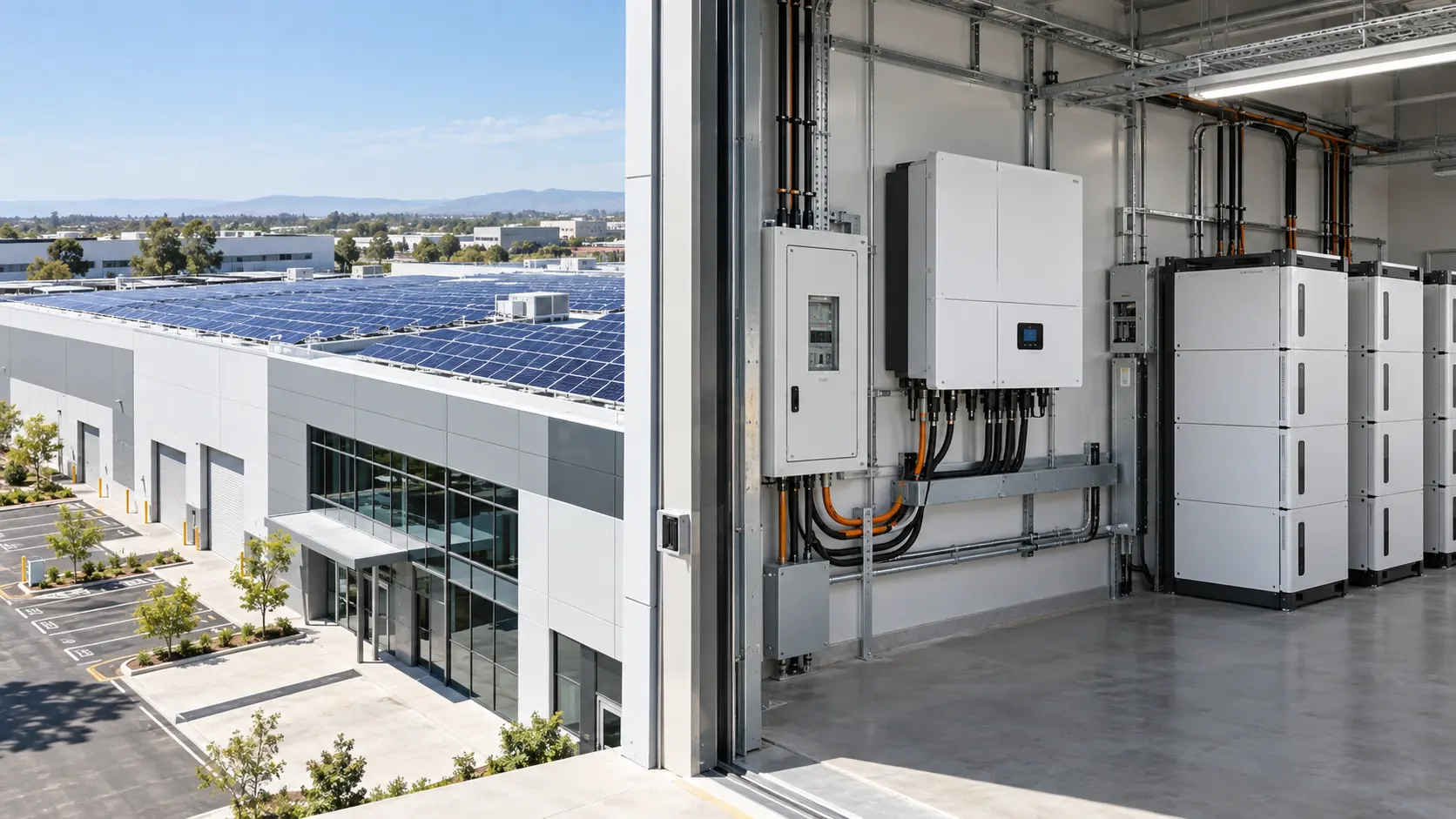Sistema solar comercial con inversor híbrido trifásico de 30kW y almacenamiento de batería