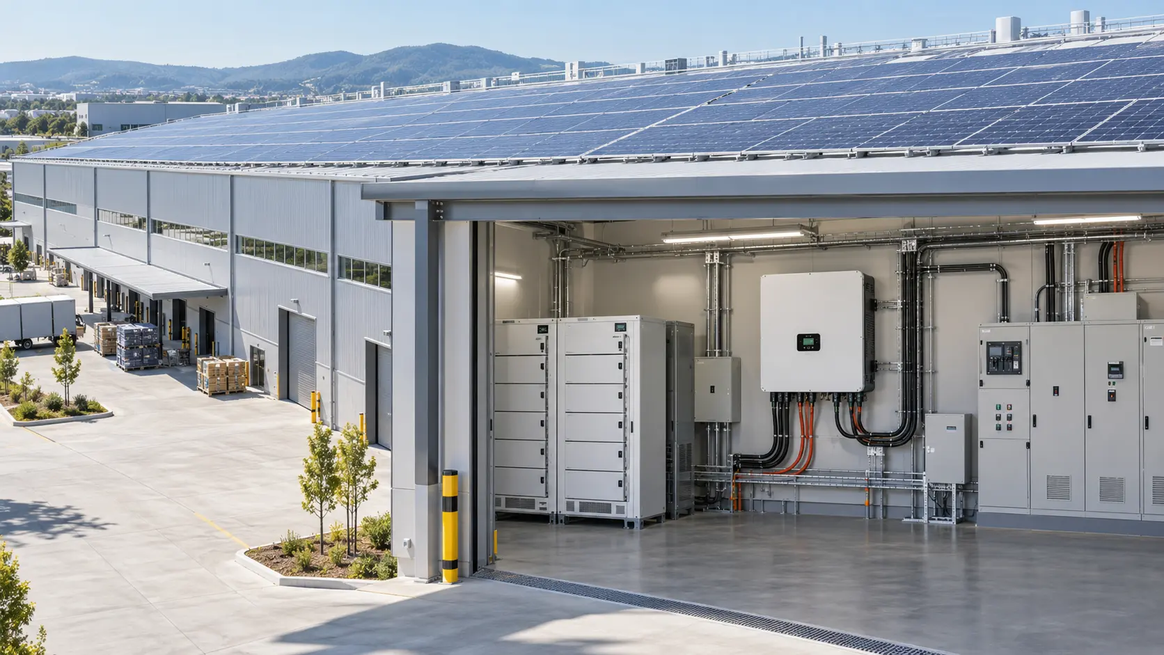 Sistema solar comercial con inversor híbrido trifásico de 50kW y baterías de alta tensión