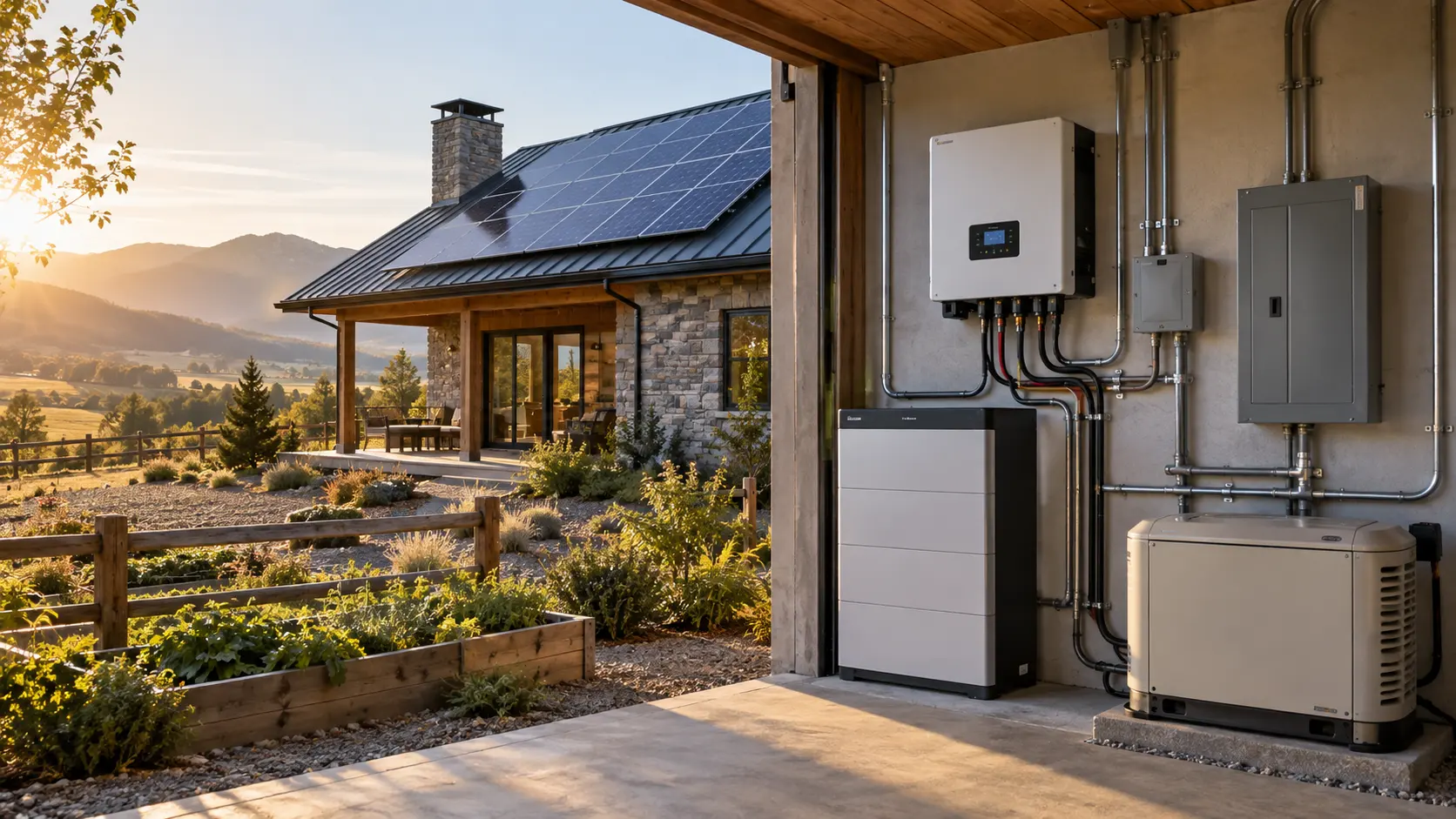 Sistema solar residencial con inversor híbrido, batería y generador de respaldo