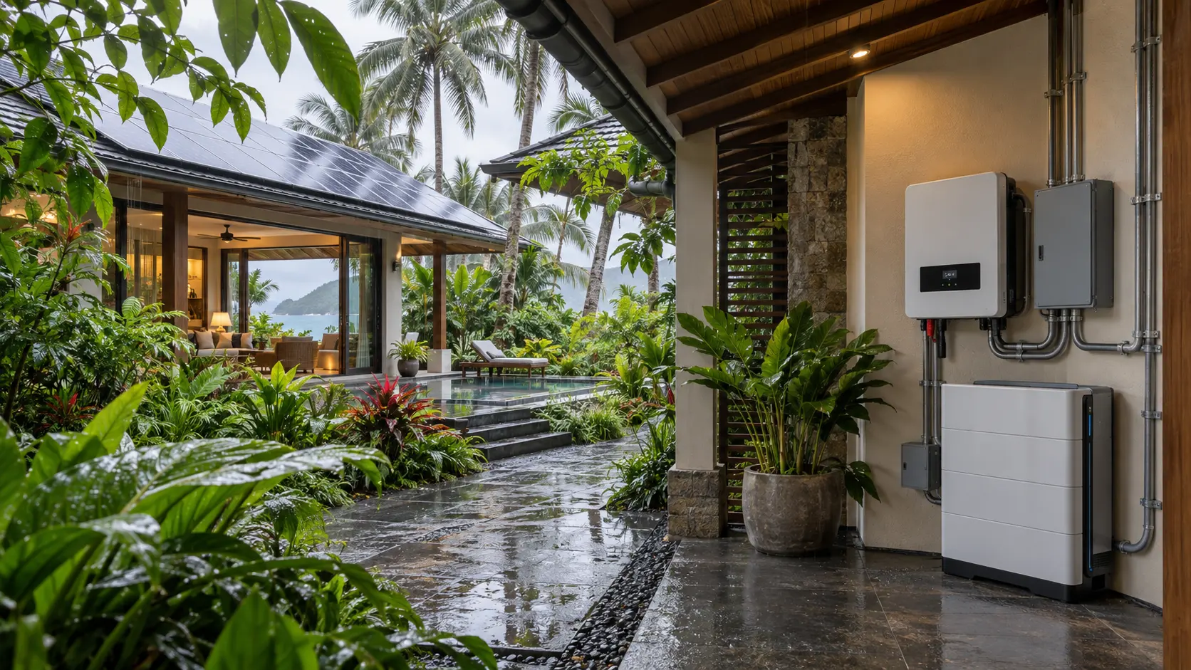Sistema solar residencial en clima tropical con inversor protegido y batería de almacenamiento