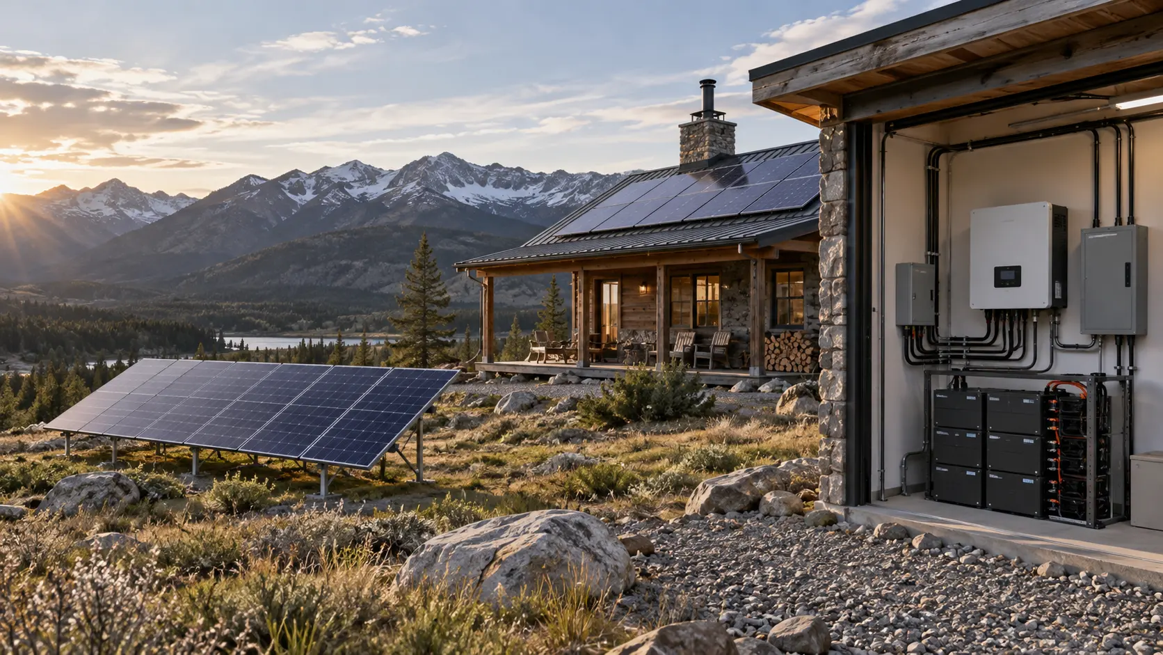 Sistema solar aislado en vivienda rural con inversor, paneles y almacenamiento de energía