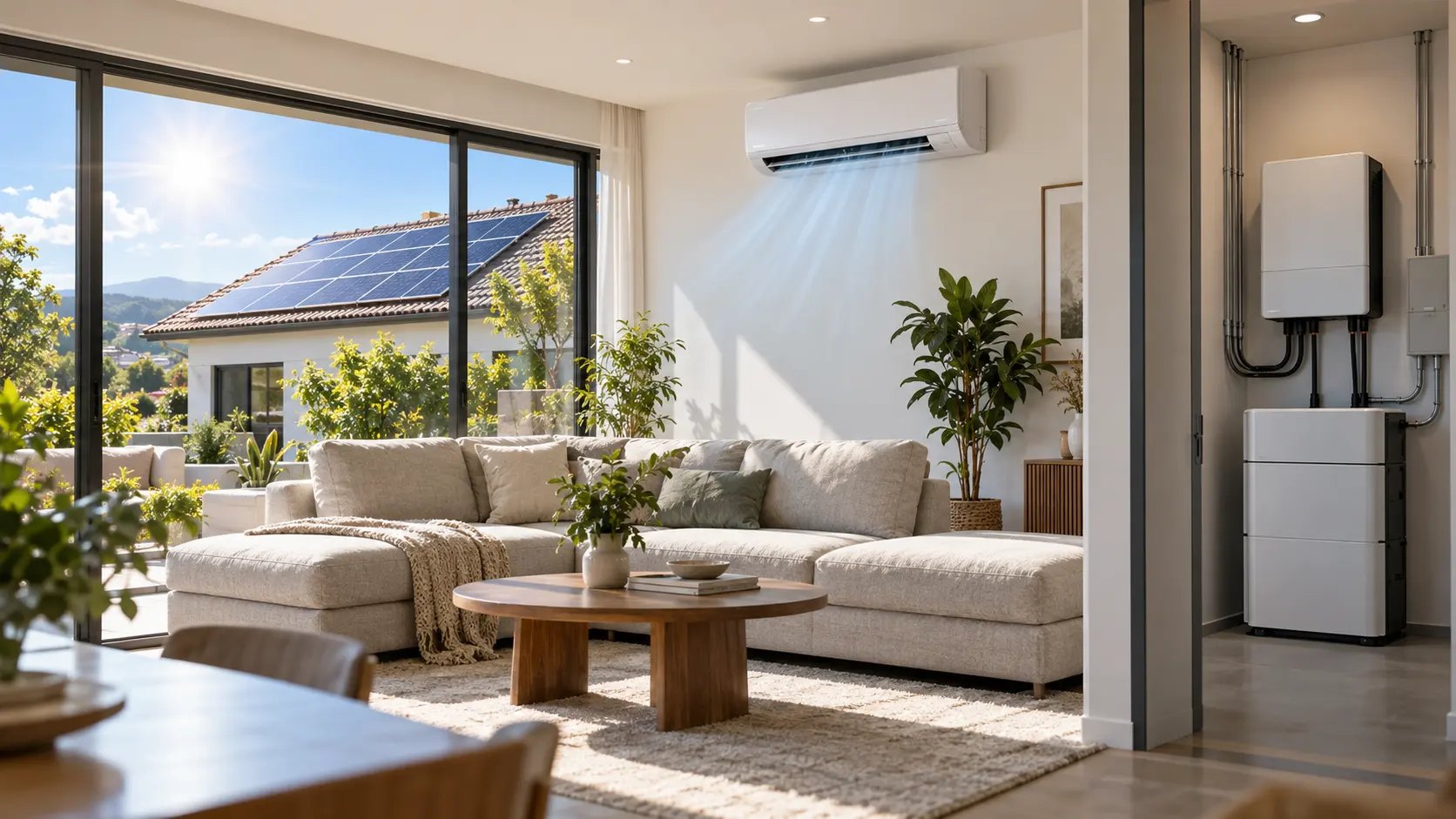 Sistema solar residencial con inversor, batería y aire acondicionado