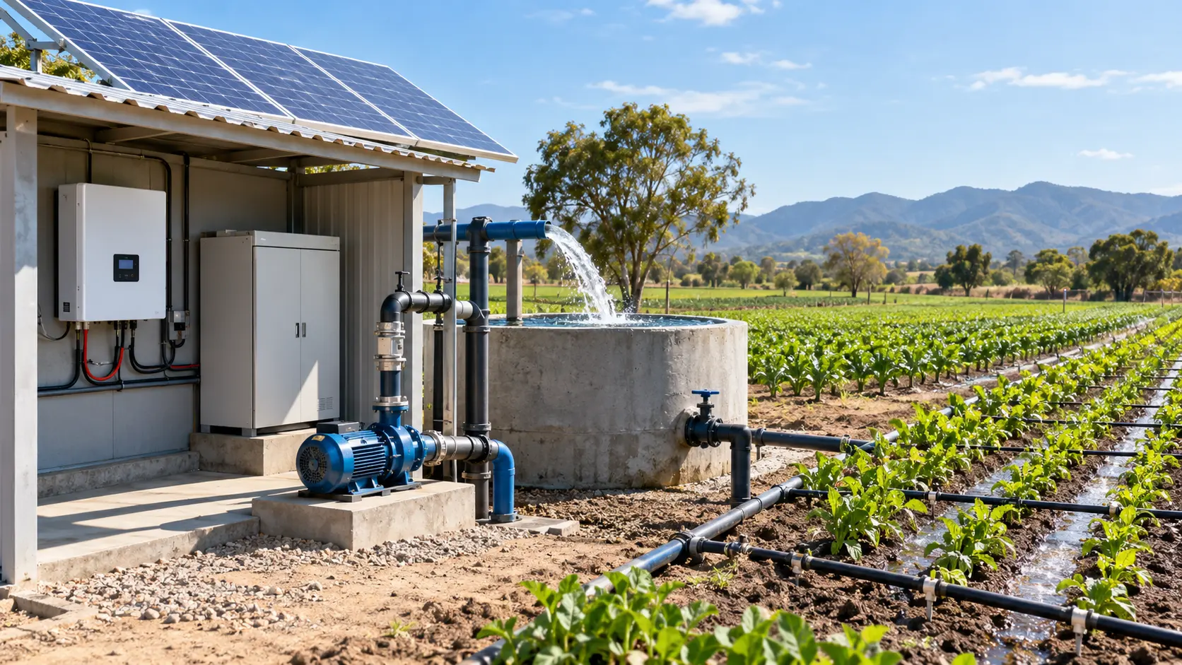 Sistema de riego agrícola con inversor solar, bomba de agua y paneles fotovoltaicos