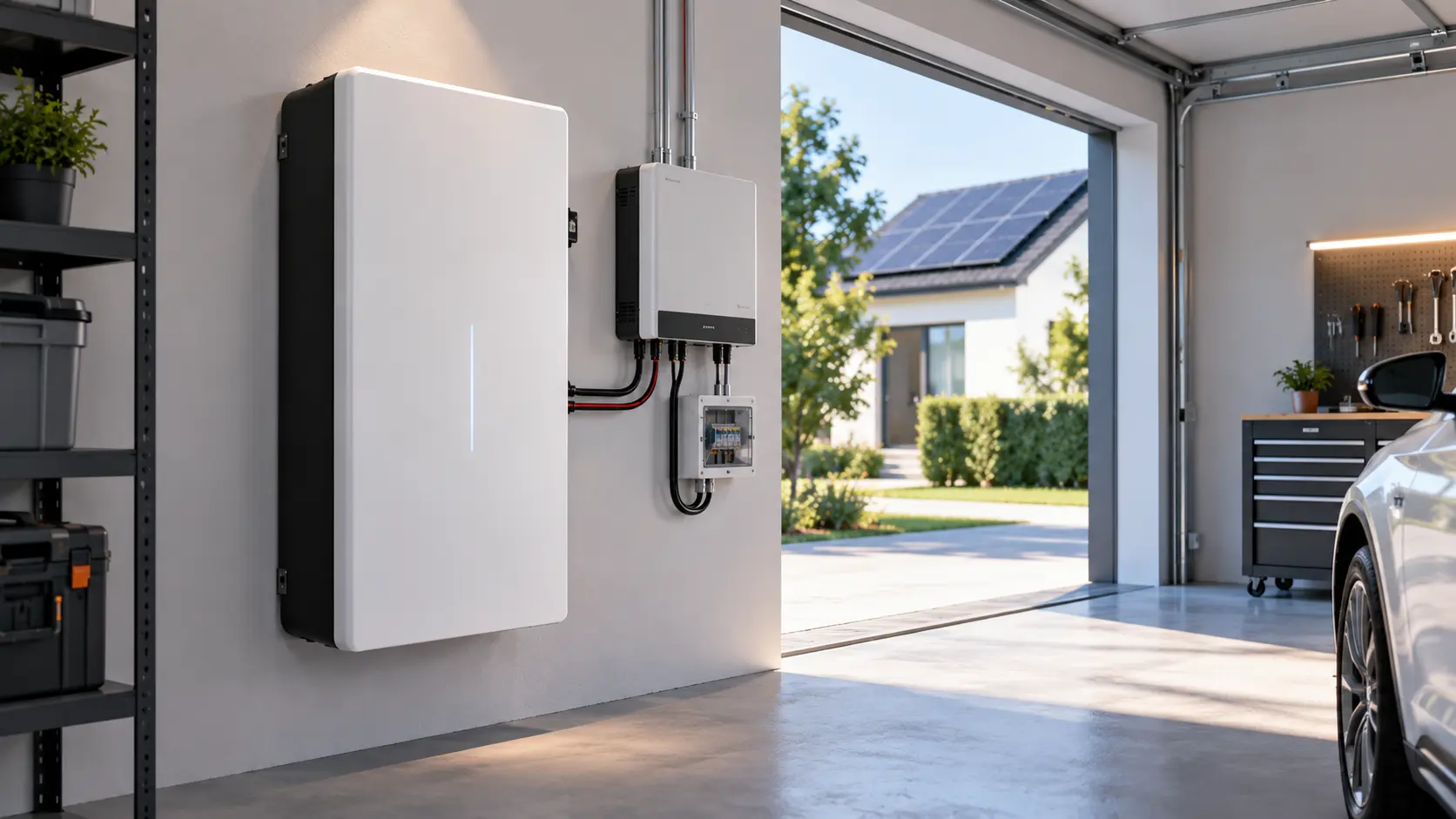 Batería tipo Powerwall con inversor solar instalada en garaje residencial