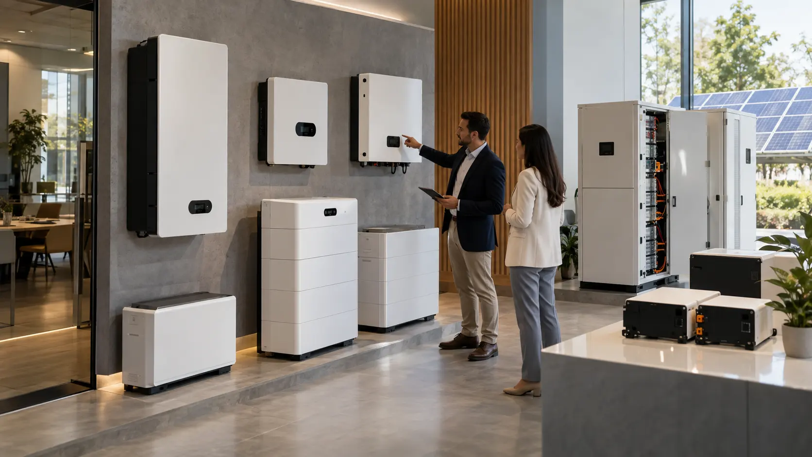 Baterías para inversores solares exhibidas en showroom de soluciones de almacenamiento de energía
