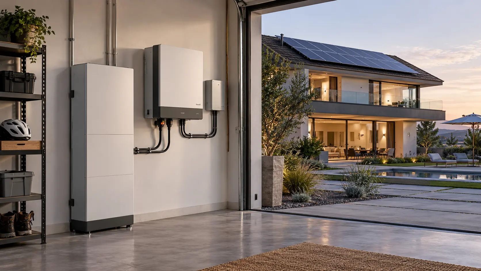 Batería solar de 16kWh instalada en vivienda con paneles solares y sistema de respaldo