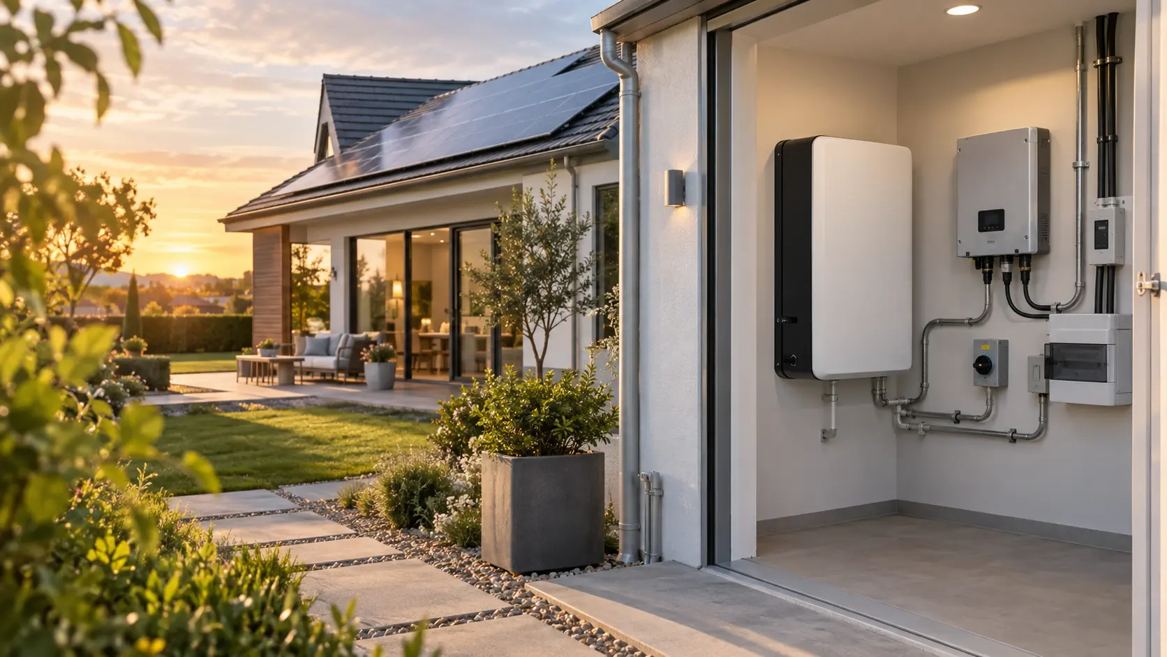 Batería residencial de 10kWh instalada en vivienda con paneles solares e inversor
