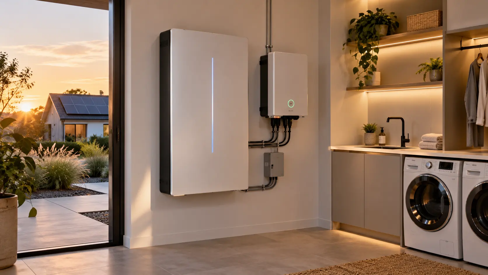 Batería Powerwall de 10kWh instalada en vivienda con inversor y paneles solares