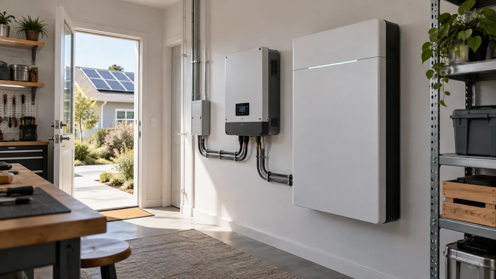 Batería solar montada en pared junto a inversor en vivienda con paneles solares