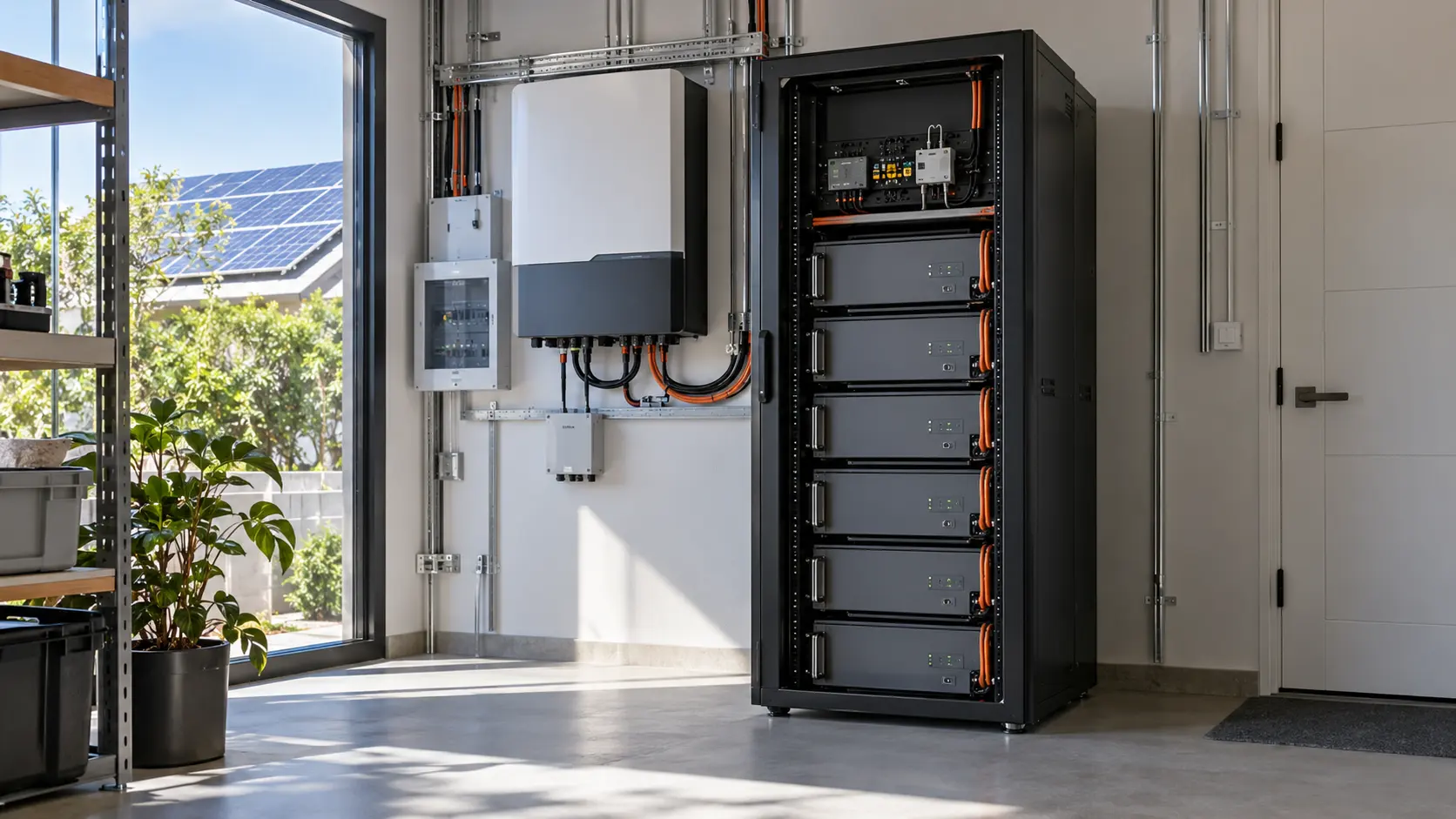 Batería solar para rack conectada a inversor y paneles solares en sala técnica