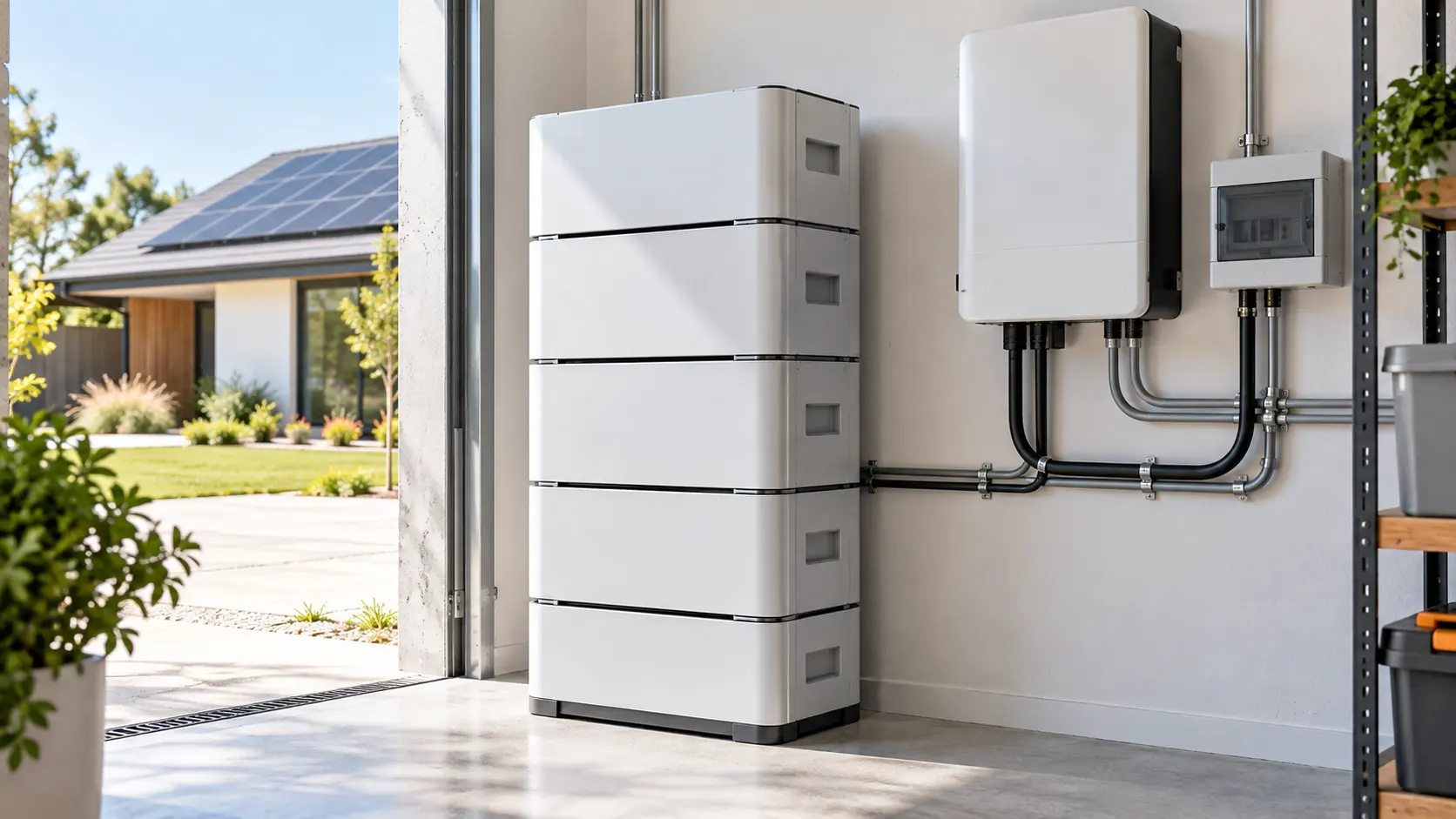 Batería de litio apilable conectada a inversor en vivienda con paneles solares