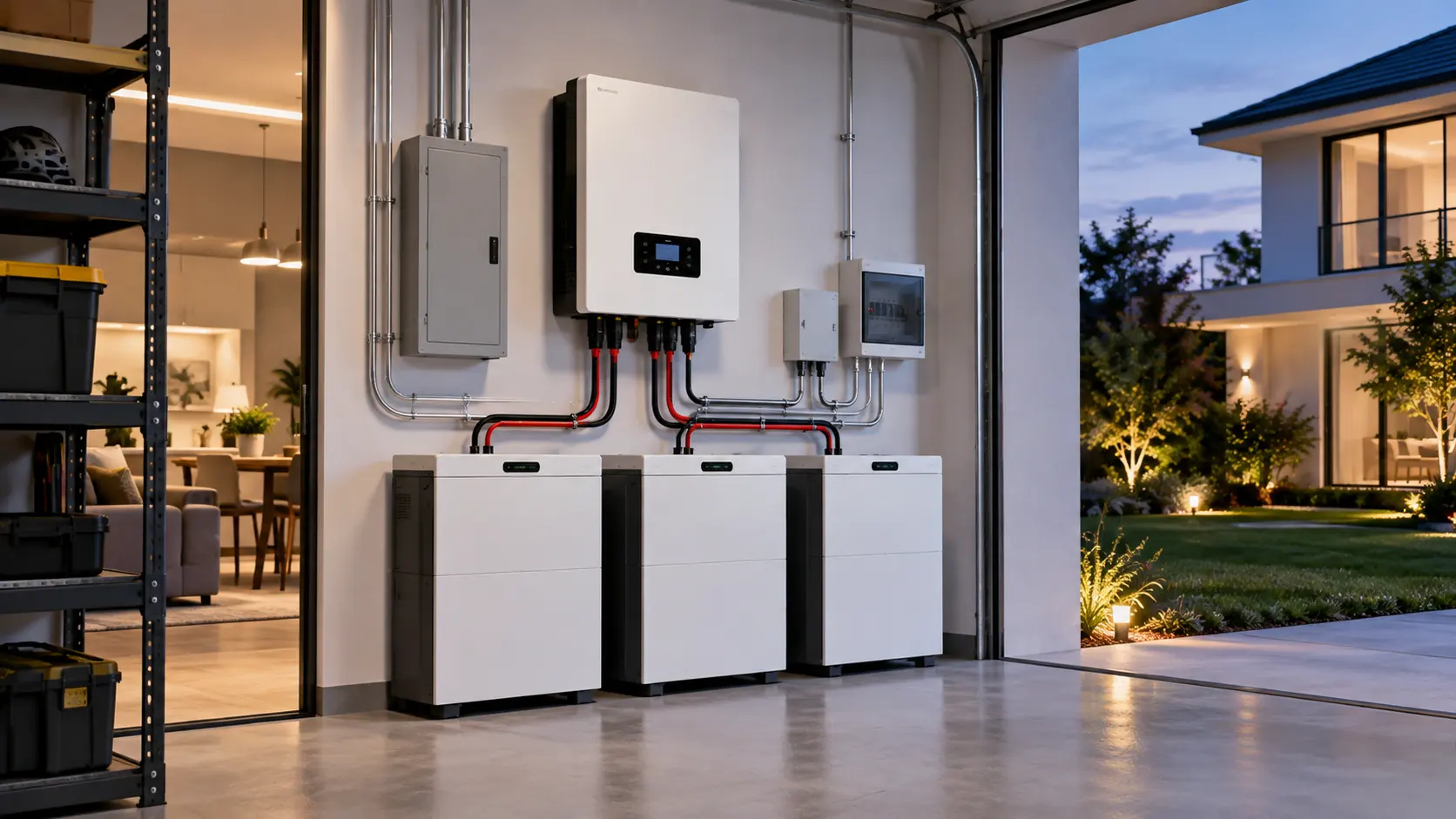 Sistema de baterías solares para casa con varias baterías de litio e inversor instalados en un garaje residencial