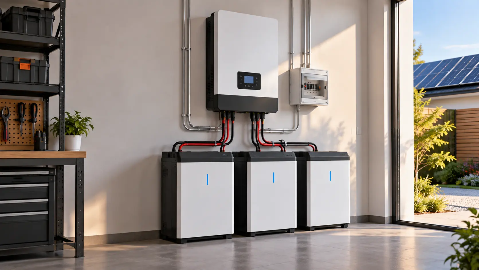Baterías LiFePO4 de 48V conectadas a un inversor solar de 10kW en una instalación residencial moderna