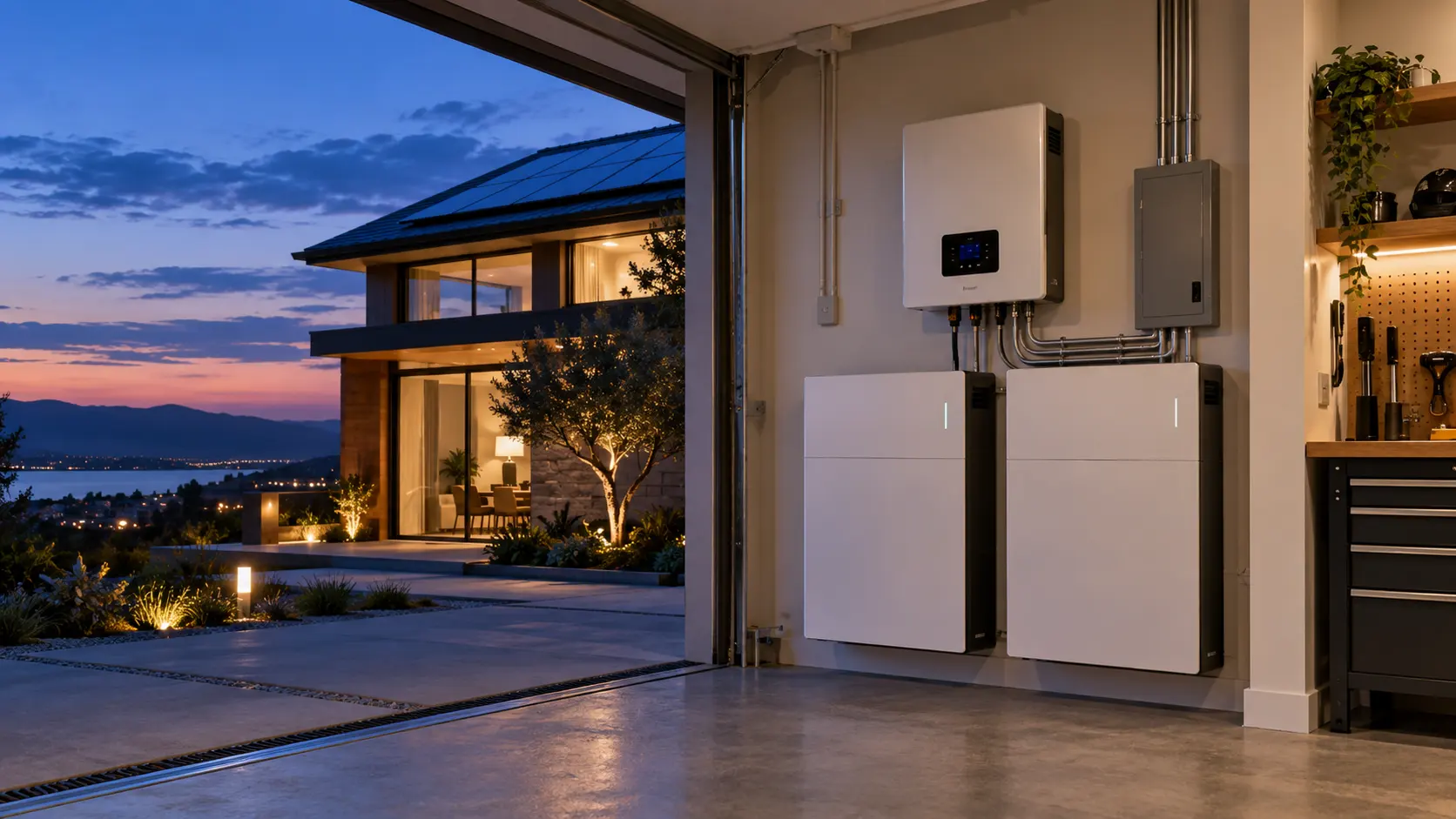 Batería solar de 10kWh con inversor instalada en un garaje residencial para respaldo nocturno de una vivienda