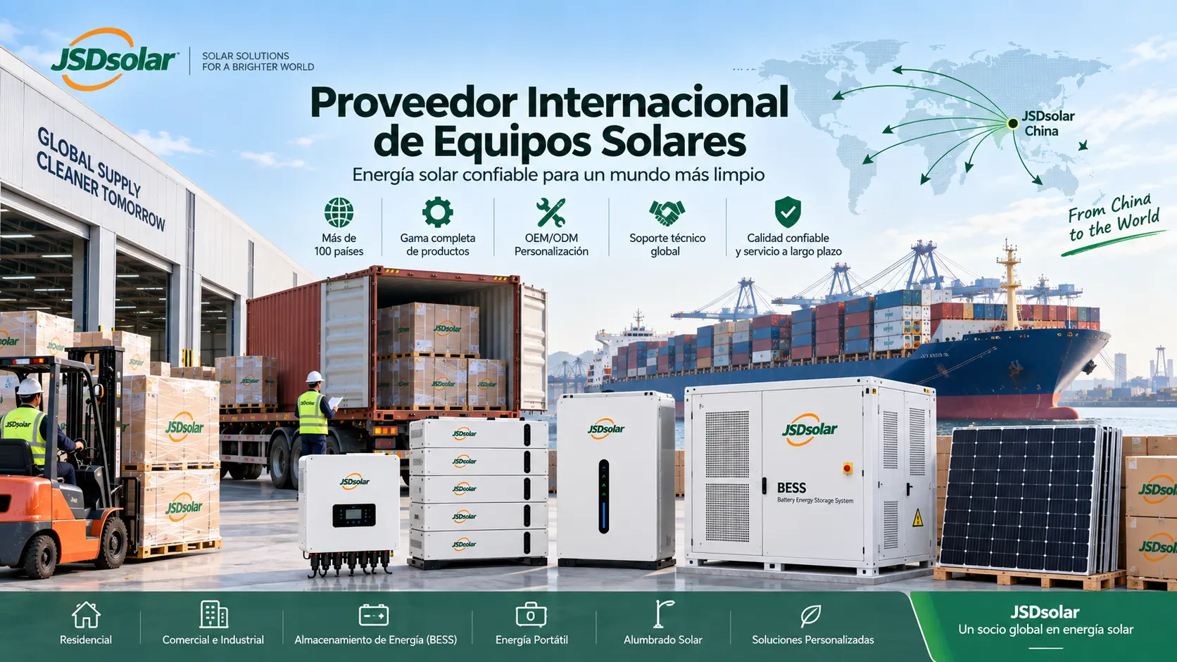 Proveedor internacional de equipos solares con inversores, baterías LiFePO4, sistemas BESS, paneles solares y logística para mercados globales.