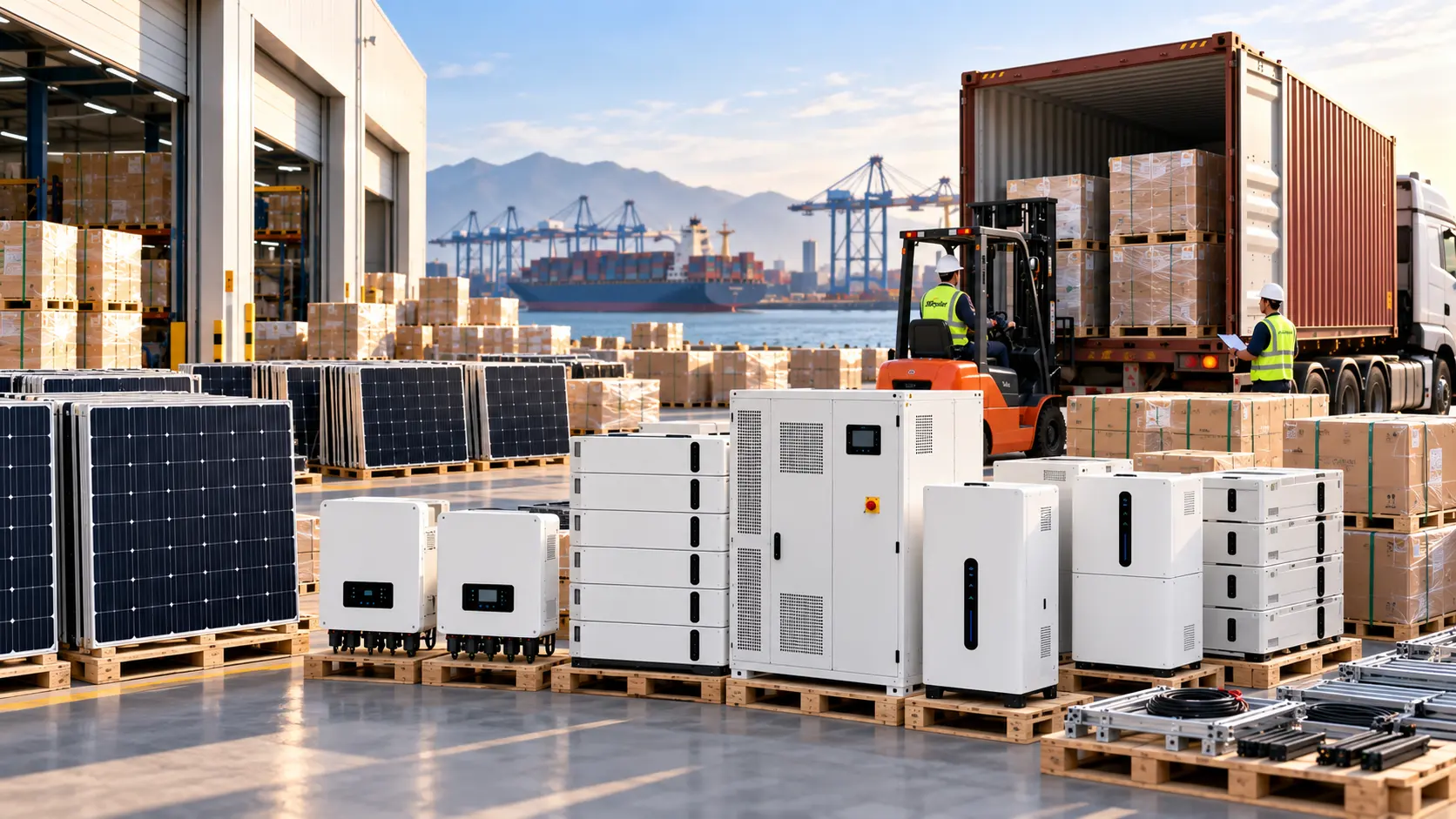 Equipos solares al por mayor con paneles fotovoltaicos, inversores, baterías LiFePO4 y sistemas BESS preparados para distribución y proyectos B2B.