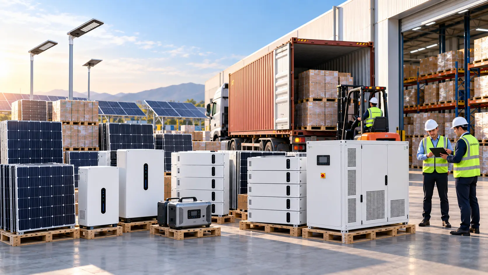 Productos solares al por mayor con paneles fotovoltaicos, inversores, baterías LiFePO4 y sistemas BESS preparados para distribución B2B.