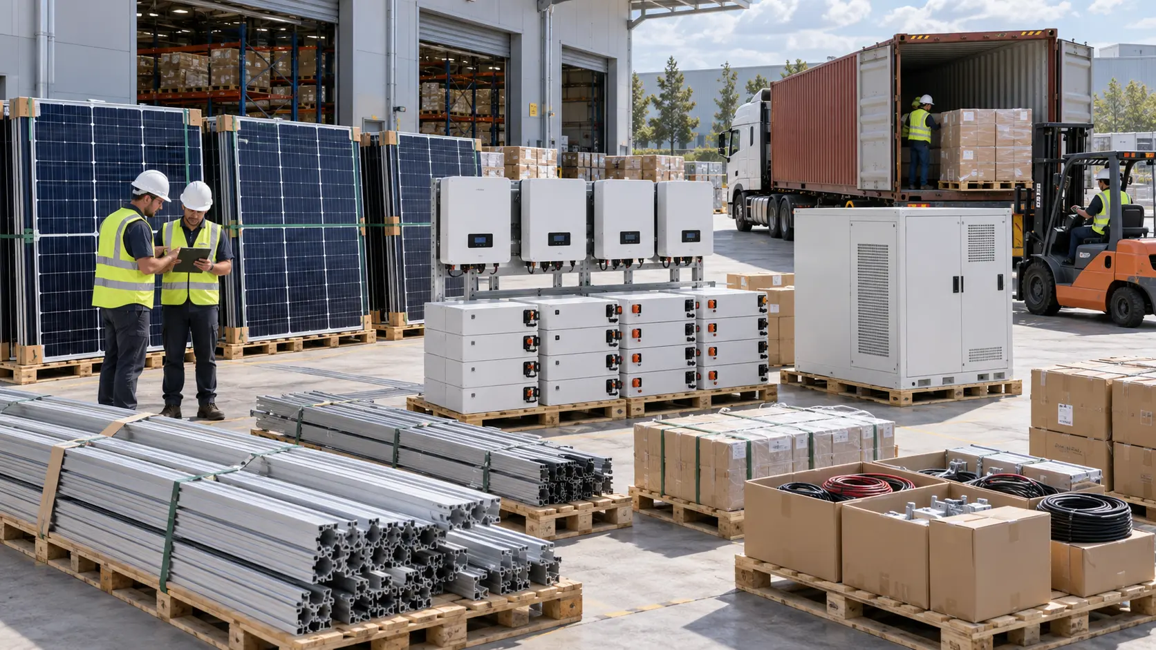 Sistemas solares al por mayor con paneles fotovoltaicos, inversores, baterías LiFePO4, estructuras y equipos preparados para distribución B2B.