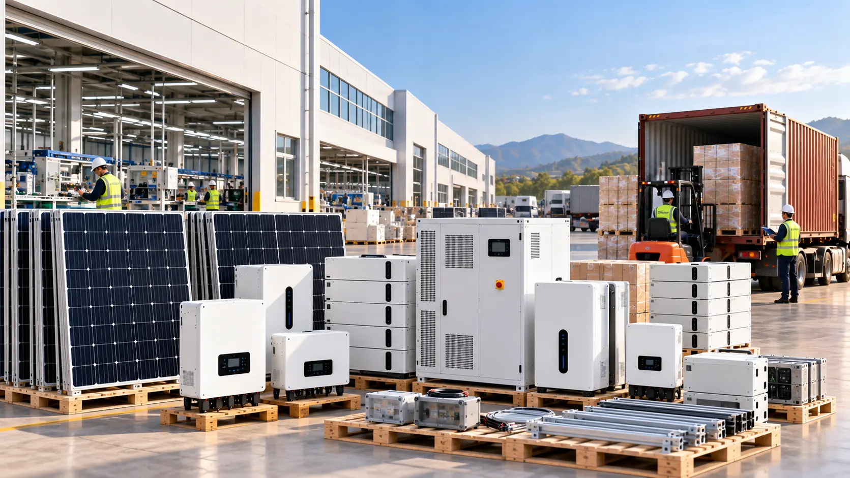 Fabricante mayorista de equipos solares con paneles, inversores, baterías LiFePO4, sistemas BESS y preparación de pedidos para distribución B2B.