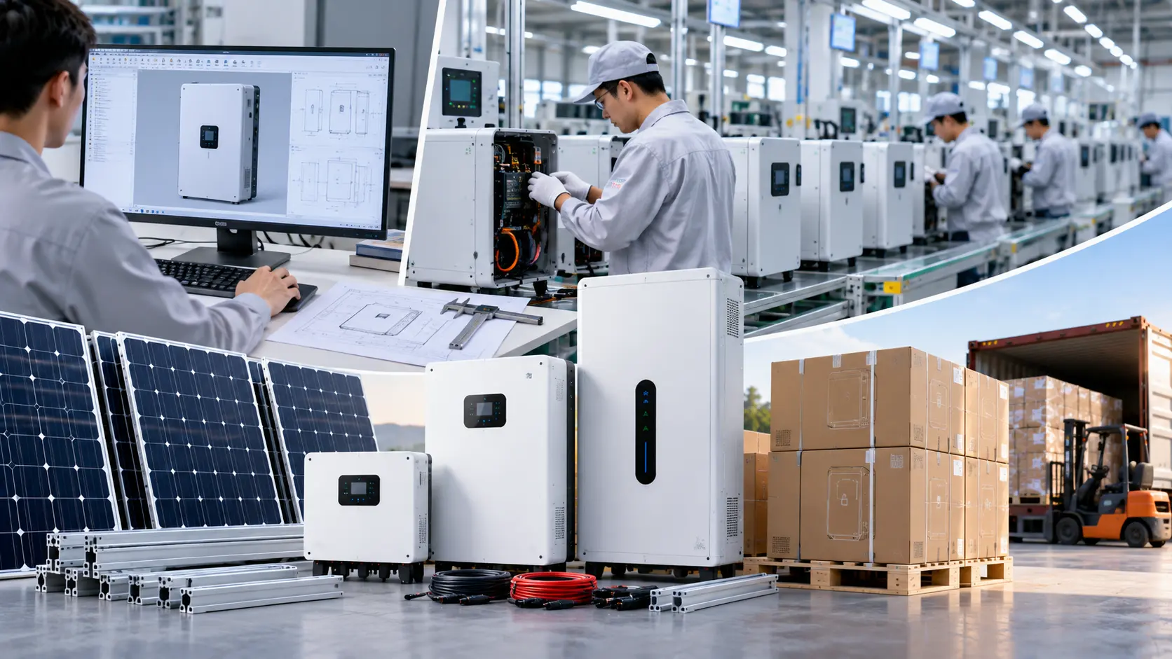 Fabricante OEM de productos solares con diseño, producción, ensamblaje, baterías LiFePO4, inversores y preparación de pedidos para marcas B2B.