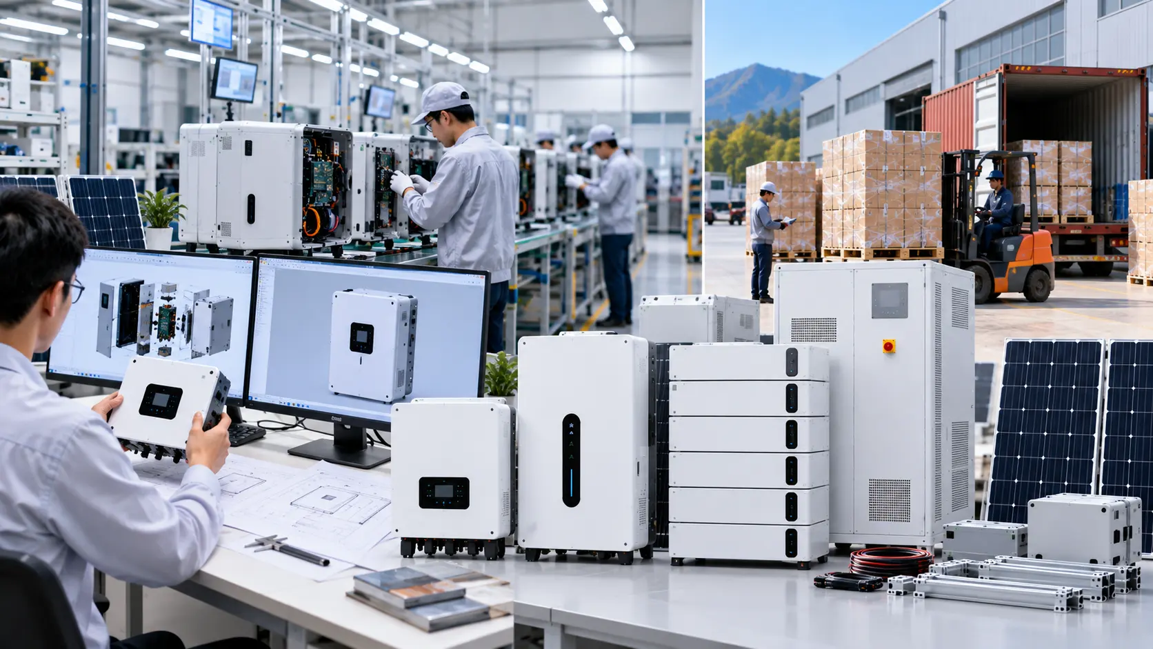 Fabricante ODM de sistemas solares con diseño de producto, prototipado, inversores, baterías LiFePO4 y producción personalizada para proyectos B2B.