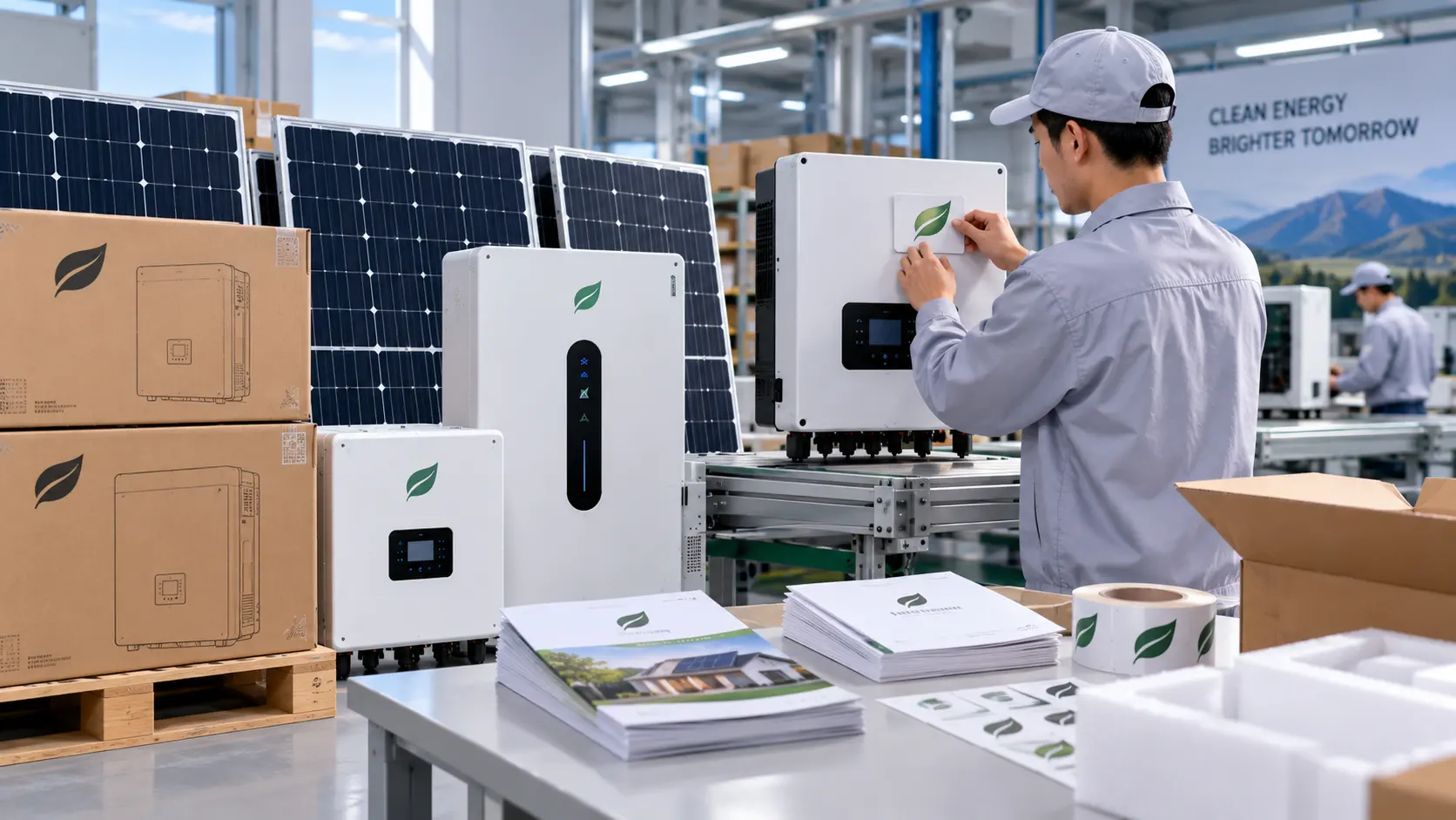 Sistemas solares de marca privada con personalización de inversores, baterías LiFePO4, etiquetado, packaging y preparación para distribución B2B.